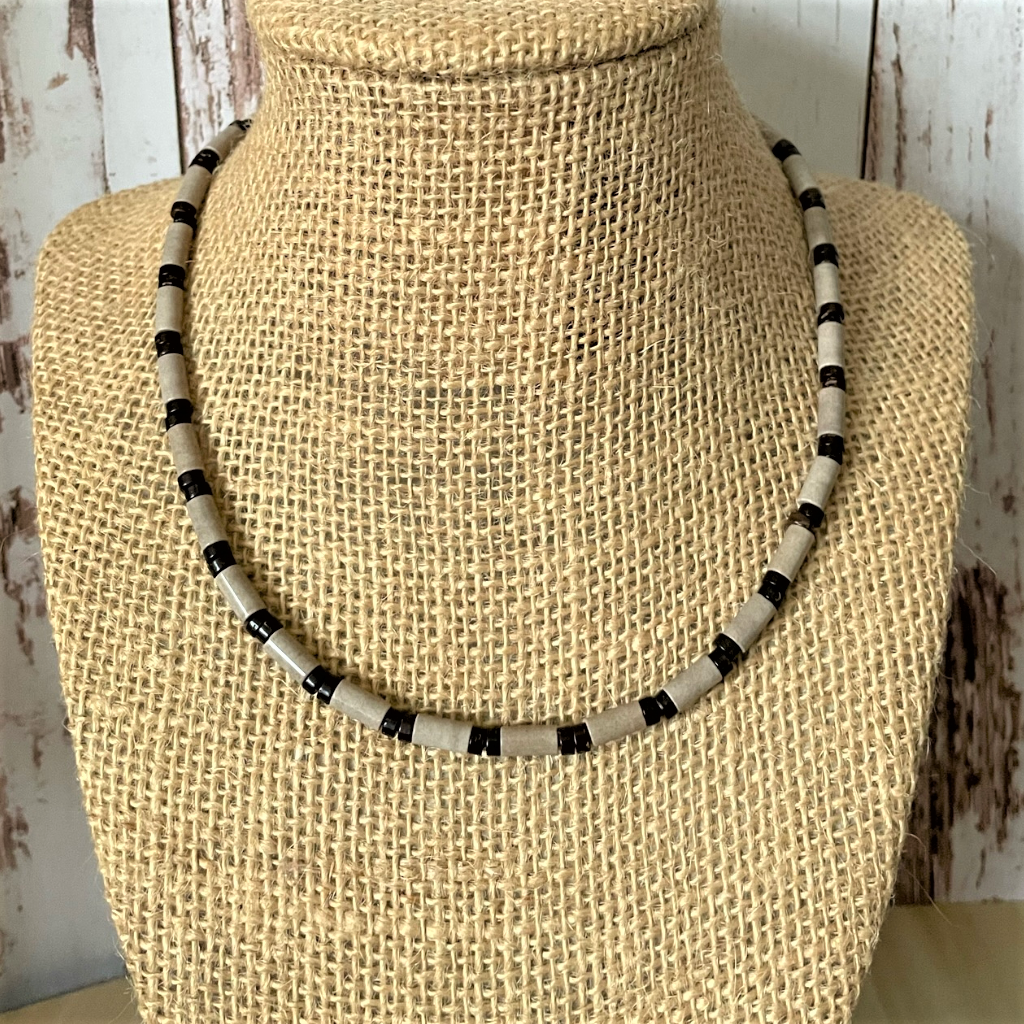 Mens Mushroom Agate and Wood Beaded Necklace