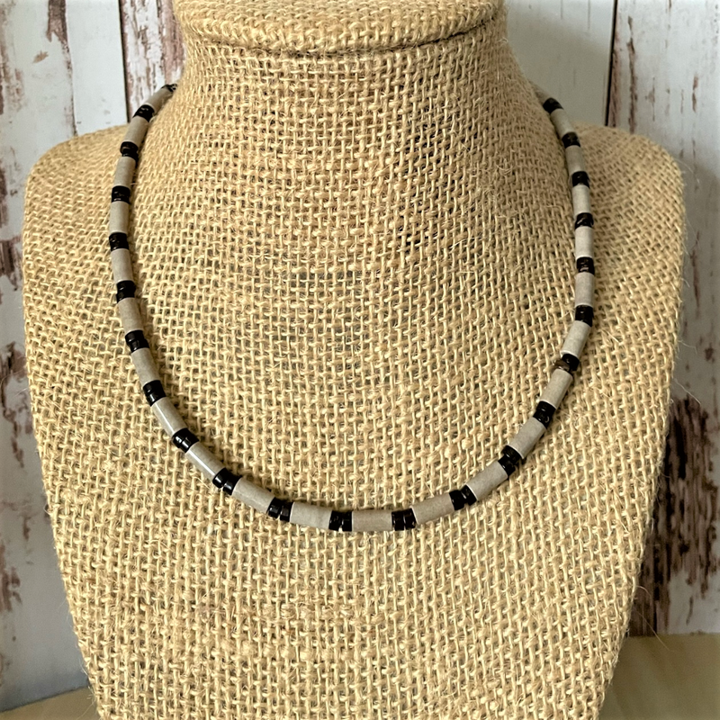 Mens Mushroom Agate and Wood Beaded Necklace, Brown, 16"