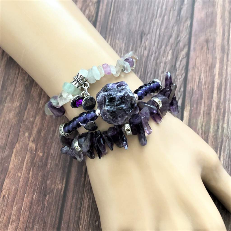 Amethyst Raw Stone Stretch Bracelet-Amethyst,Beaded Bracelets,Purple