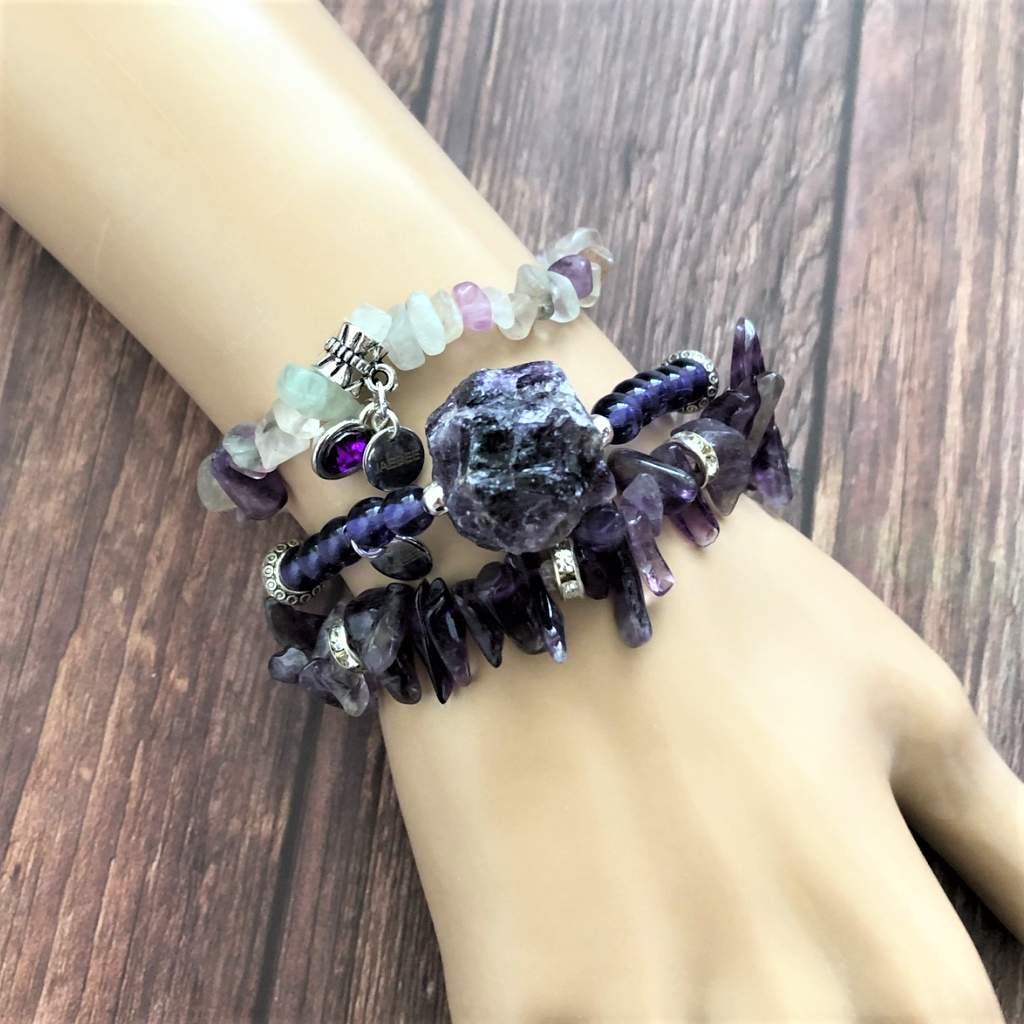 Amethyst Stick and Crystal Rondelle Stretch Bracelet-Amethyst,Beaded Bracelets,bracelets,Purple,Stacked