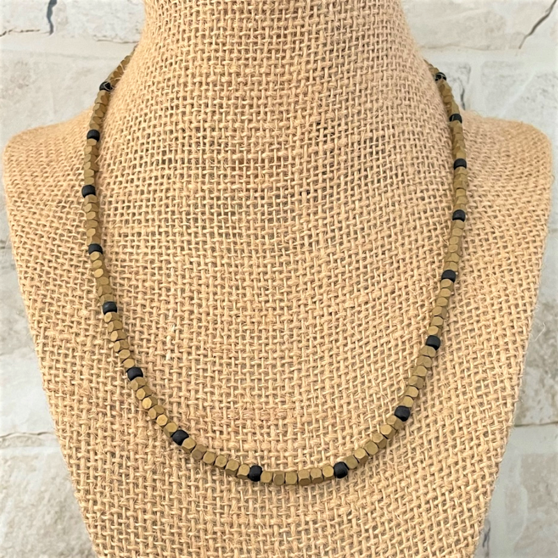 Mens Antique Gold Matte Hematite Hexcut Beaded Necklace