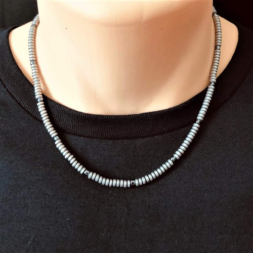 Mens Antique Silver Hematite Rondelle Necklace-Beaded Necklaces,Gray,mens