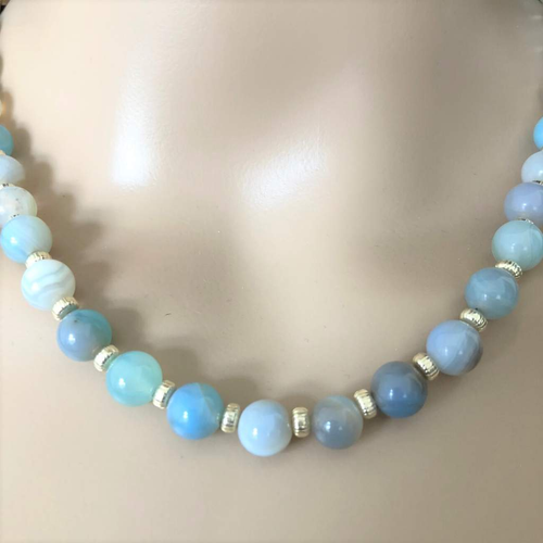 Arctic Blue Agate and Silver Beaded Necklace-Beaded Necklaces