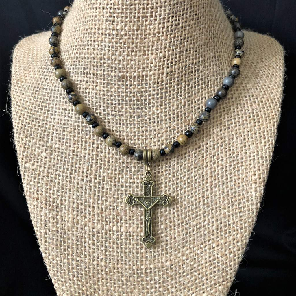 Artistic Stone and Gold Cross Mens Necklace-Beaded Necklaces,Brown,Mens,Religious