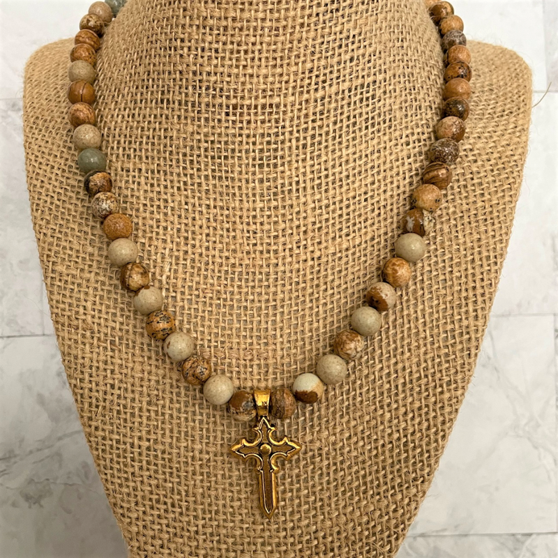 Picture Jasper and Gold Cross Mens Beaded Necklace, religious, brown