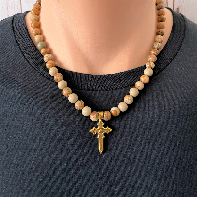Picture Jasper and Gold Cross Mens Beaded Necklace