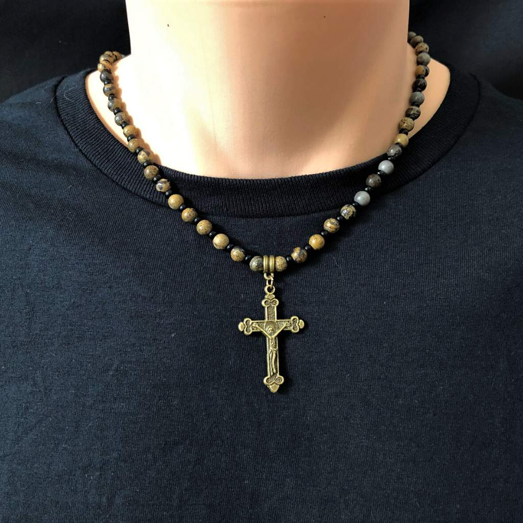 Artistic Stone and Gold Cross Mens Necklace-Beaded Necklaces,Brown,Mens,Religious