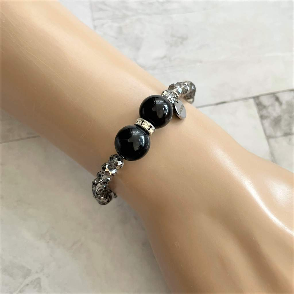 Black Agate and Metallic Hematite Beaded Bracelet-Agate,Beaded Bracelets,Black,bracelets,Silver Bracelets