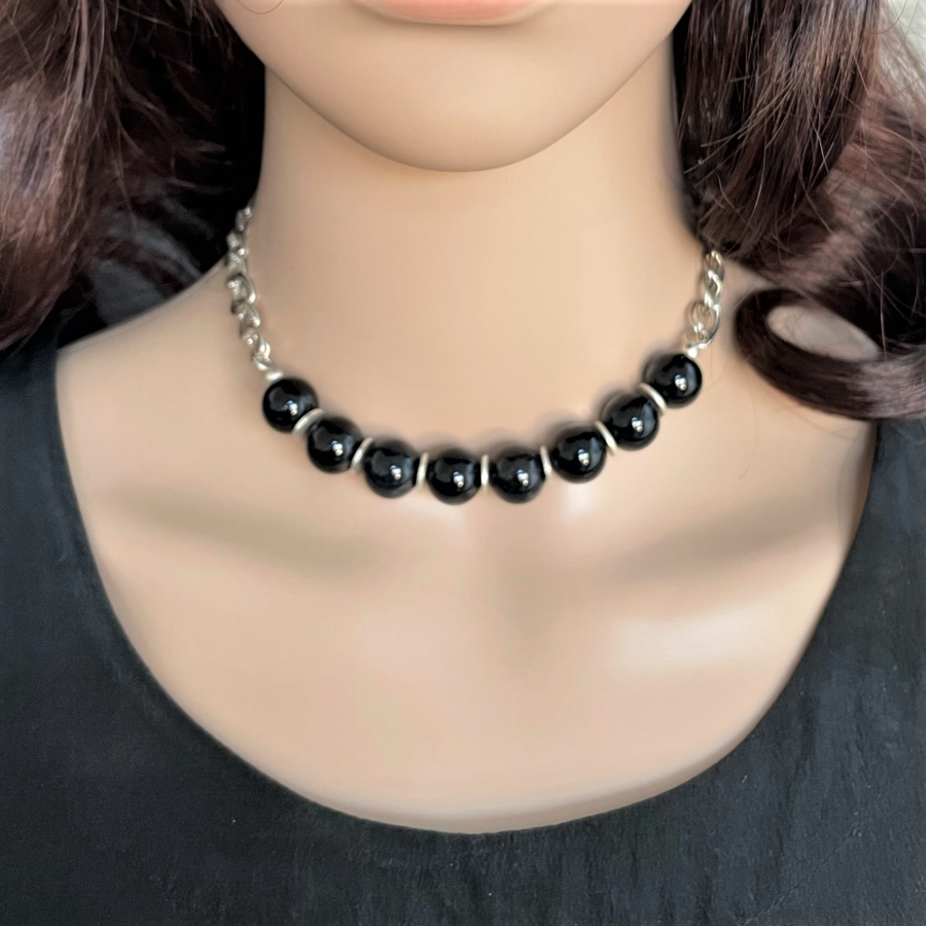 Black Agate and Silver Chain Necklace - JaeBee