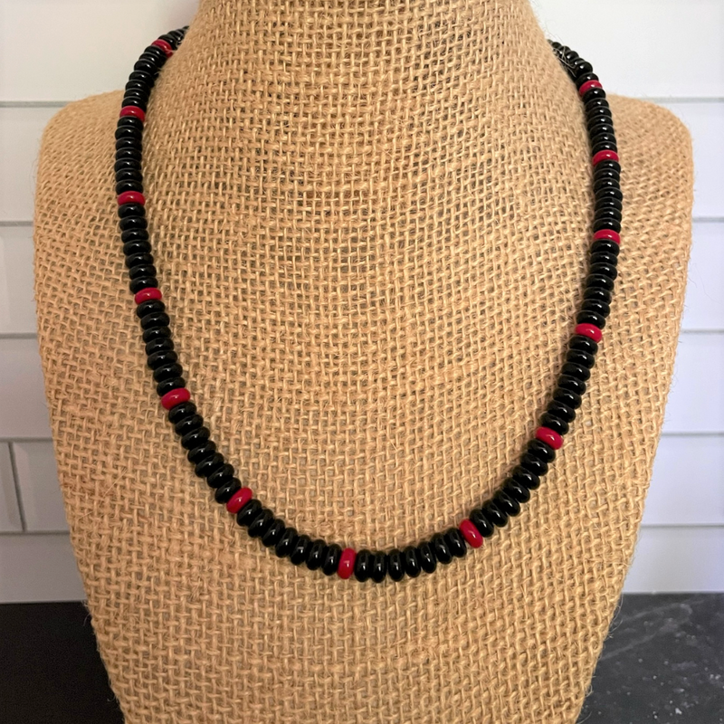 Black Agate and Red Coral Mens Wheel Beaded Necklace