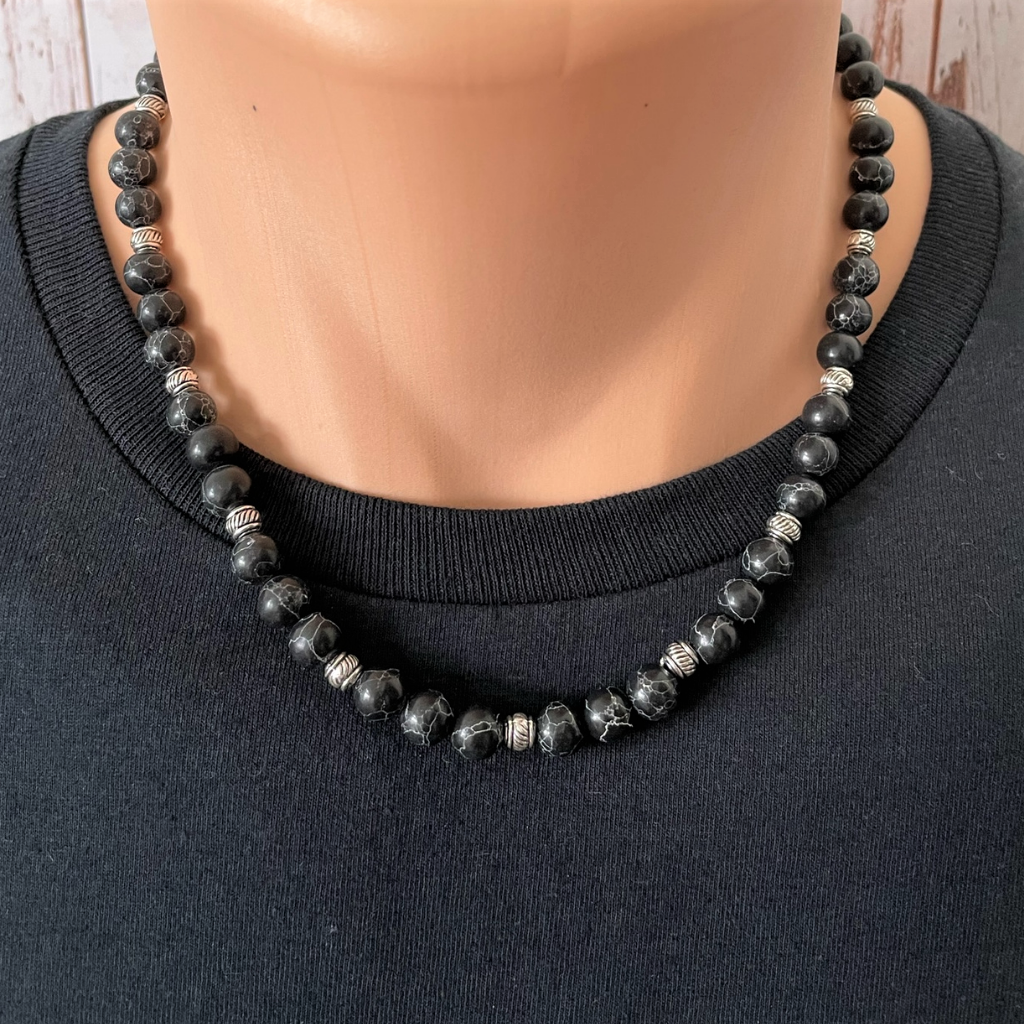 Black Agate with White Veins Mens Beaded Necklace