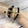Black and Gold Cross Stack Bracelet Set-Beaded Bracelets,Black,Black Onyx,Cross,Gold,Gold Bracelets,Stacked