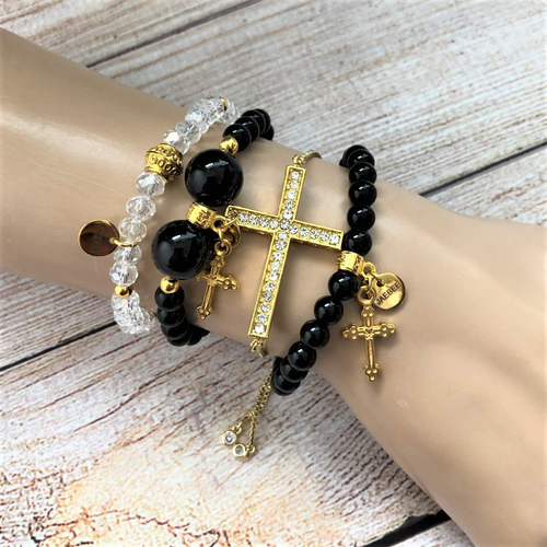 Black Onyx Beaded Bracelets and Gold Cross Bracelets-Beaded Bracelets,Black,Black Onyx,Cross,Gold,Religious,Saint,Stacked
