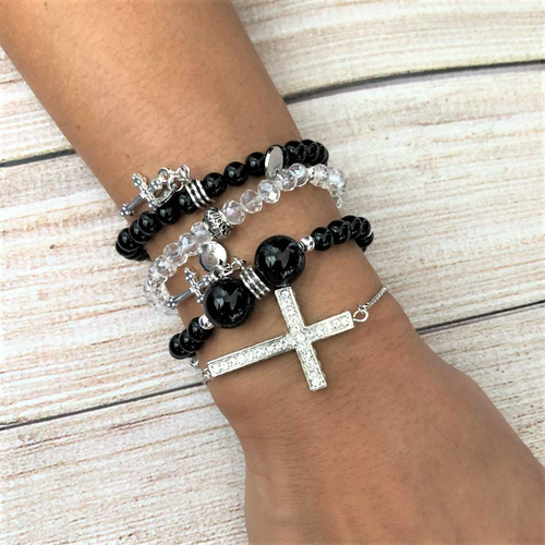 Black Onyx Bracelets and Silver Cross Bracelet Set-Beaded Bracelets,Black,Black Onyx,Cross,Religious,Saint,Silver Bracelets
