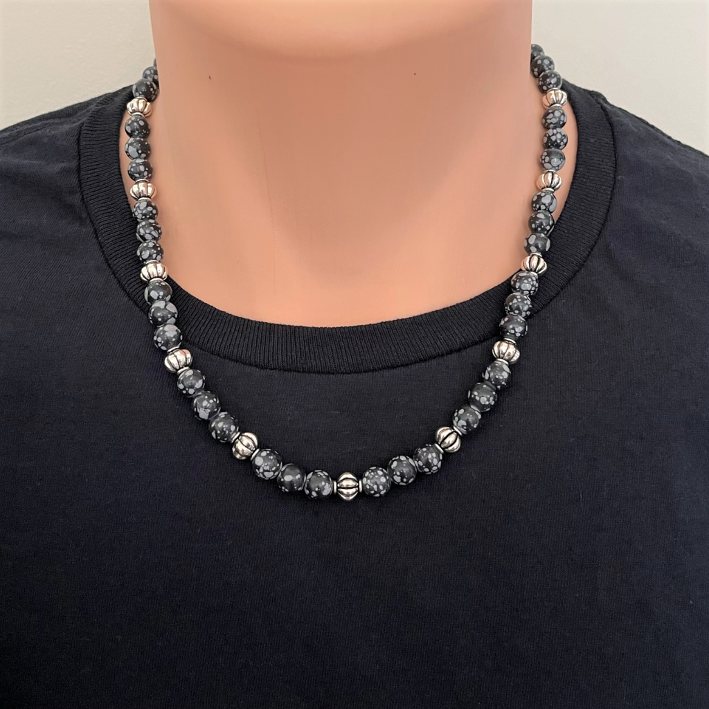 Black and Gray Matte Agate Mens Beaded Necklace