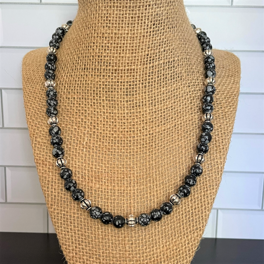 Black and Gray Matte Agate Mens Beaded Necklace