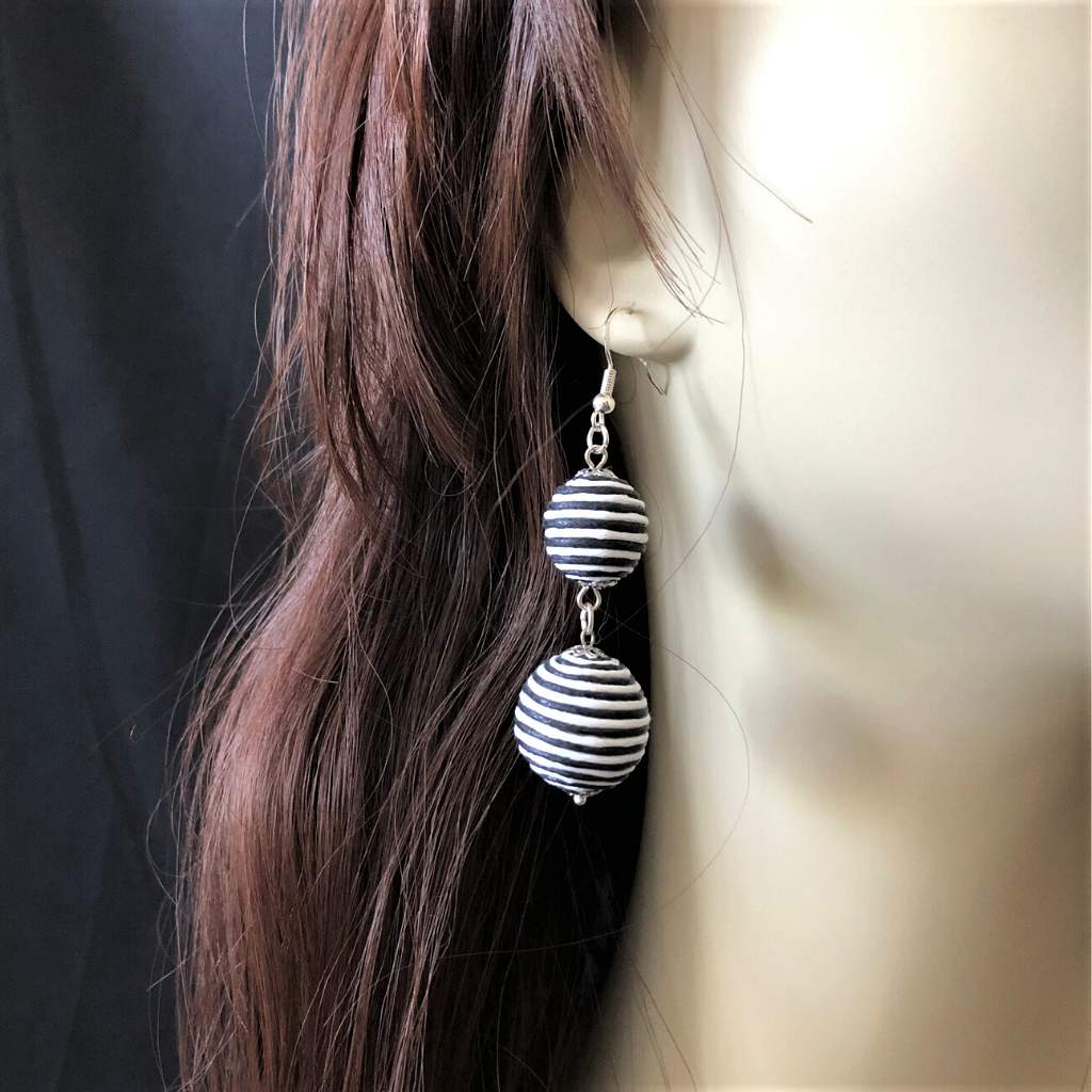Black and White Striped Thread Ball Long Drop Earrings-Black,Dangle Earrings