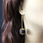 Black Ball Long Gold Dangle Earrings-Black,Dangle Earrings,Earrings,Gold Earrings