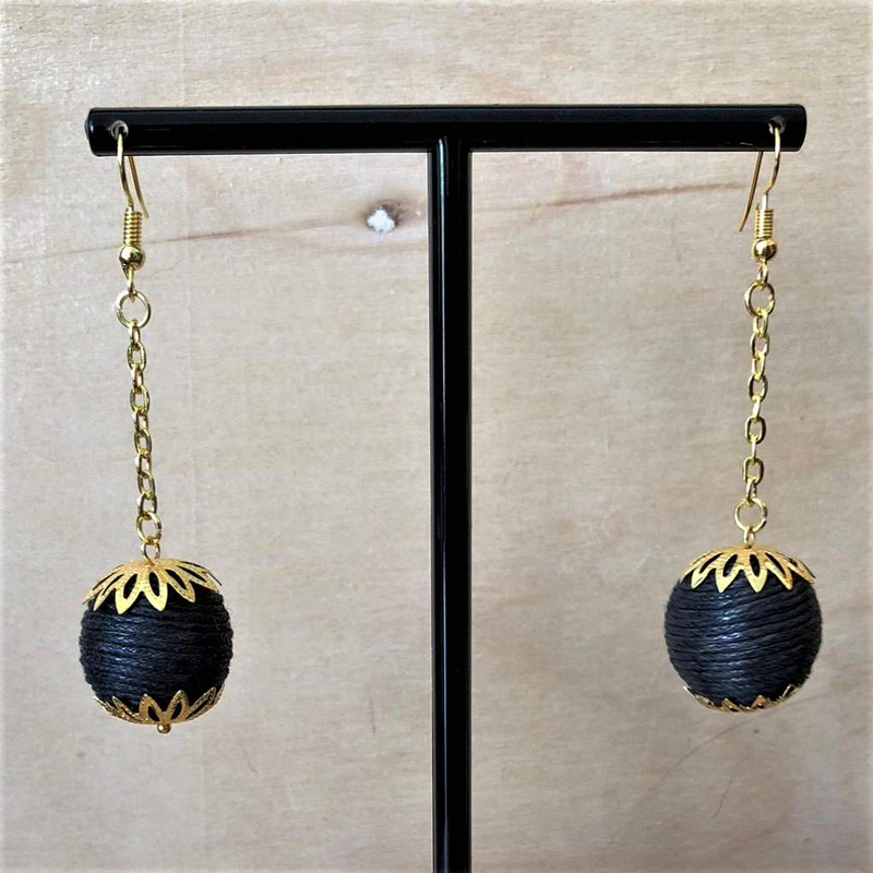 Black Ball Long Gold Dangle Earrings-Black,Dangle Earrings,Earrings,Gold Earrings