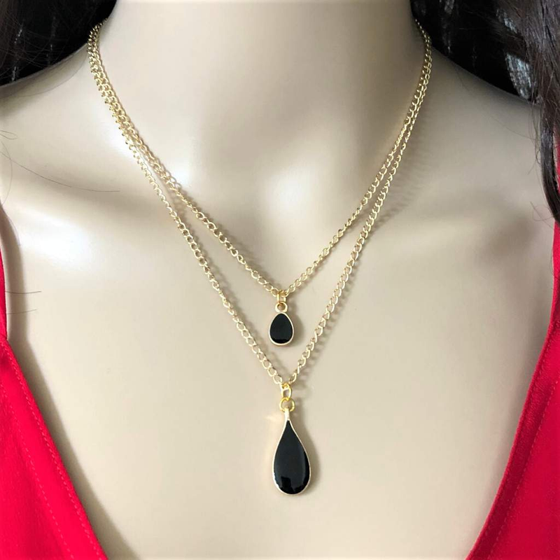 Colorful Enamel Teardrop Layered Gold Chain Necklace-Black,Blue,Gold Necklaces,Layered Necklaces,Turquoise