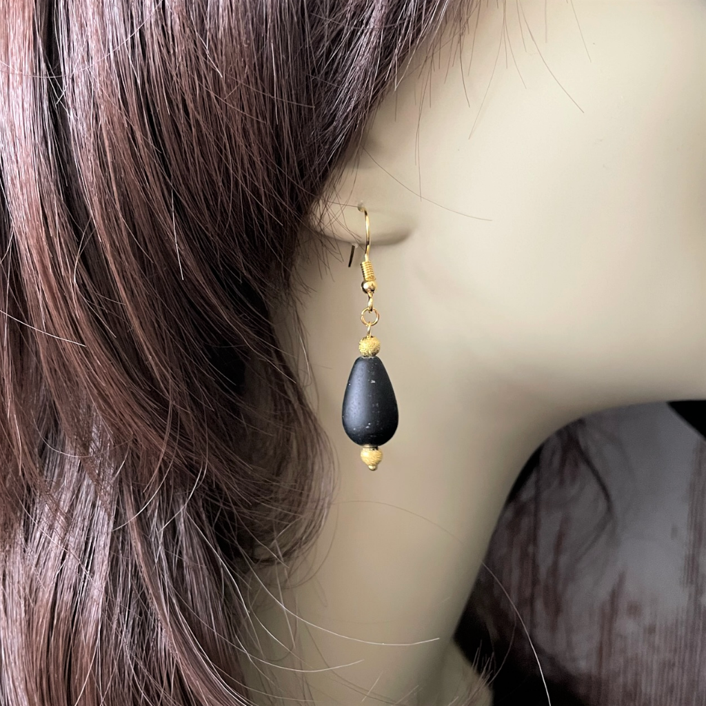 Jet Black Glass and Gold Teardrop Dangle Earrings