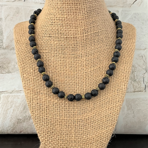 Mens Black Lava and Gold Beaded Necklace