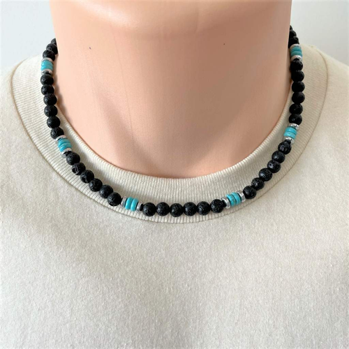 Black Lava and Turquoise Howlite Mens Beaded Necklace-Beaded Necklaces,Black,Lava,mens,Necklaces