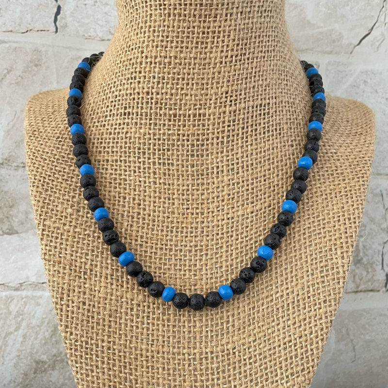 Mens Black Lava and Blue Wood Beaded Necklace