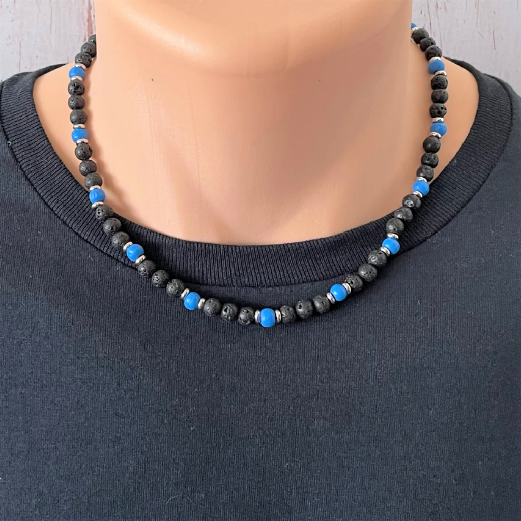 Black Lava and Blue Wood with Silver Rings Mens Necklace