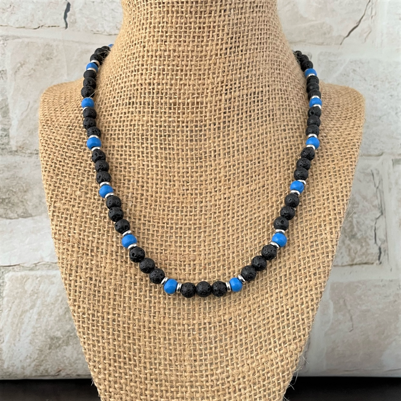 Black Lava and Blue Wood with Silver Rings Mens Necklace
