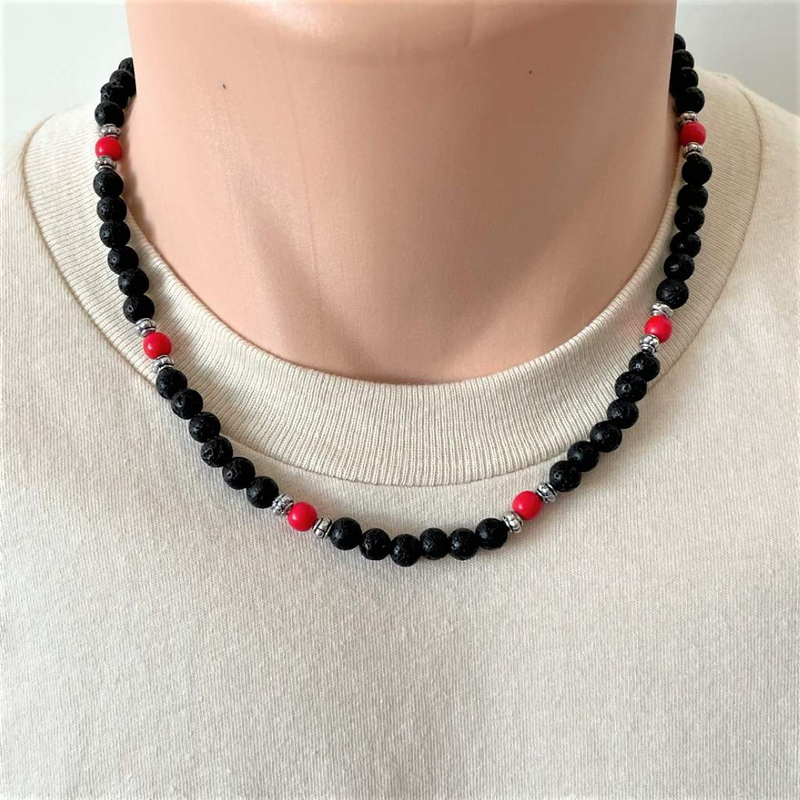 Mens Black Lava and Red Czech Beaded Necklace-Black,Lava,mens,Necklaces,Red