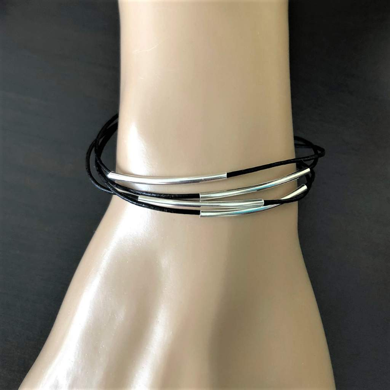 Black Leather Multi Strand and Silver Tube Bracelet-Bangle Bracelets,Black,Leather Bracelets