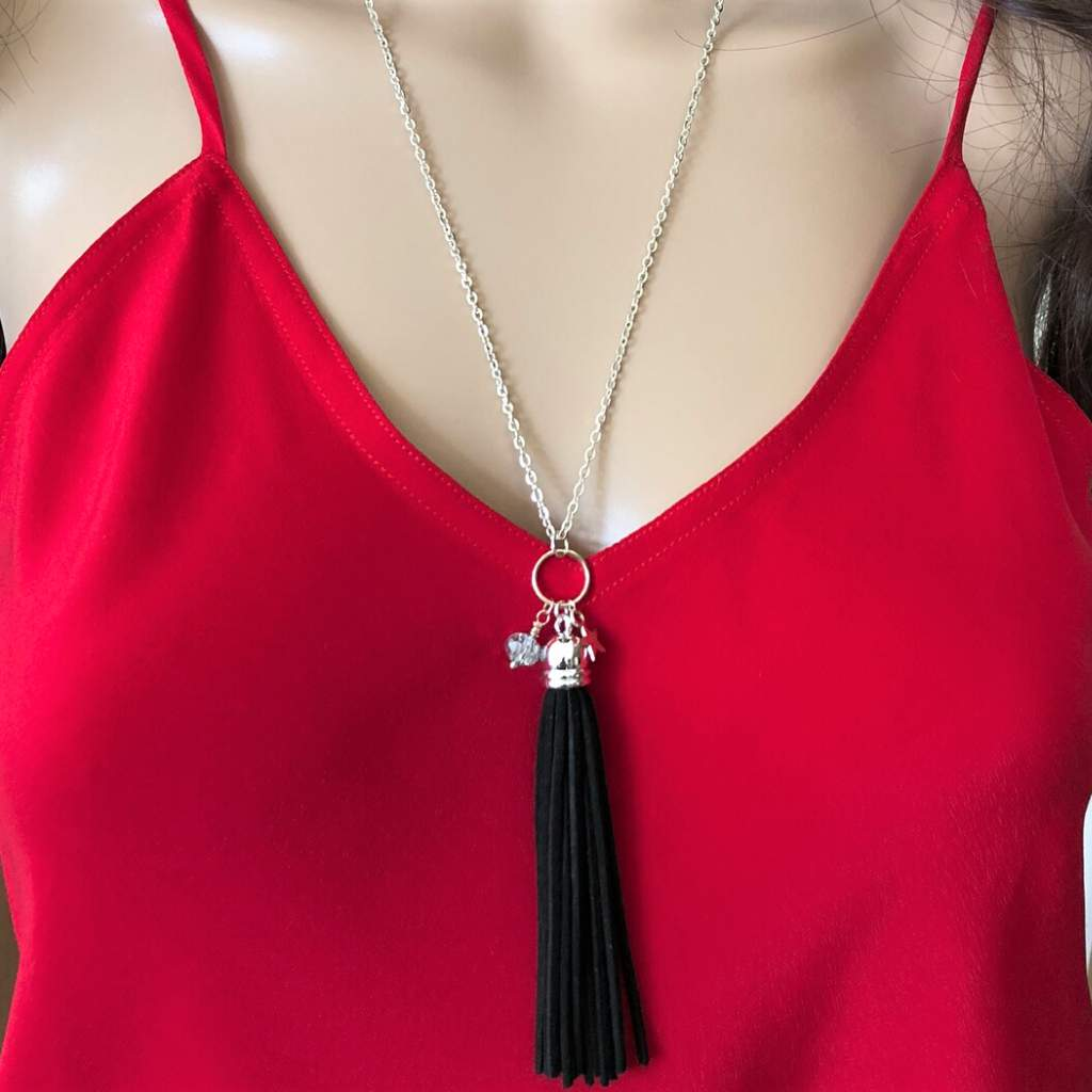 Black Leather Tassel Necklace with Star and Crystal-Black,Long Necklaces,Tassel Necklaces