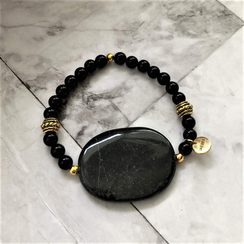 Black Marble Stone with Black Onyx and Gold Beaded Bracelet-Beaded Bracelets,Black Onyx
