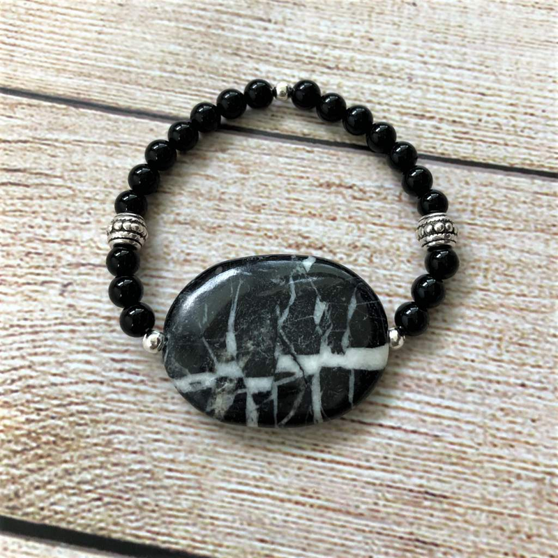 Buy the Black and Silver Marble Bracelet Stack | JaeBee Jewelry Buy the Black and Silver Marble Bracelet Stack | JaeBee Jewelry