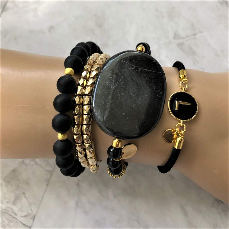 Black Marble Stone with Black Onyx and Gold Beaded Bracelet-Beaded Bracelets,Black Onyx