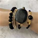 Black Onyx Matte and Gold Heart Beaded Bracelet-Beaded Bracelets,Black Onyx,Heart