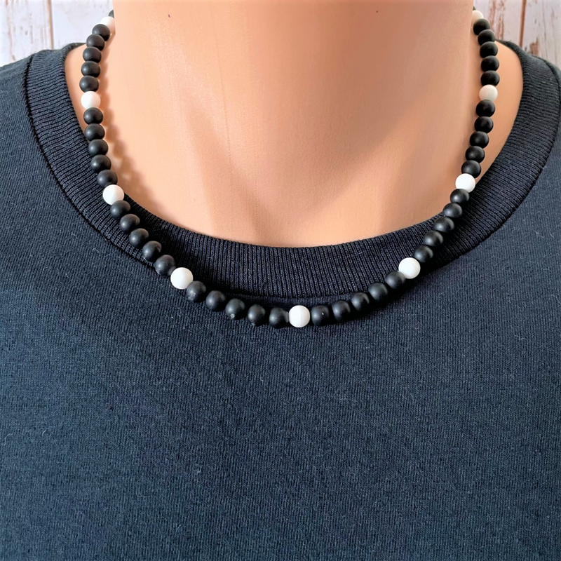 Mens Matte Black Onyx and White Beaded Necklace