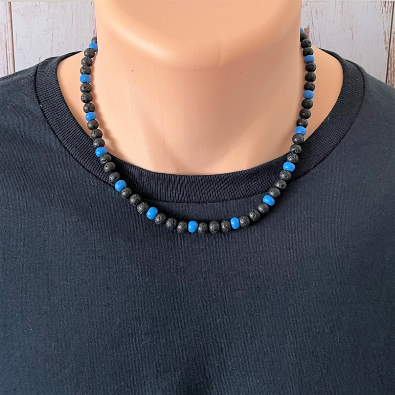 Mens Black Lava and Blue Wood Beaded Necklace