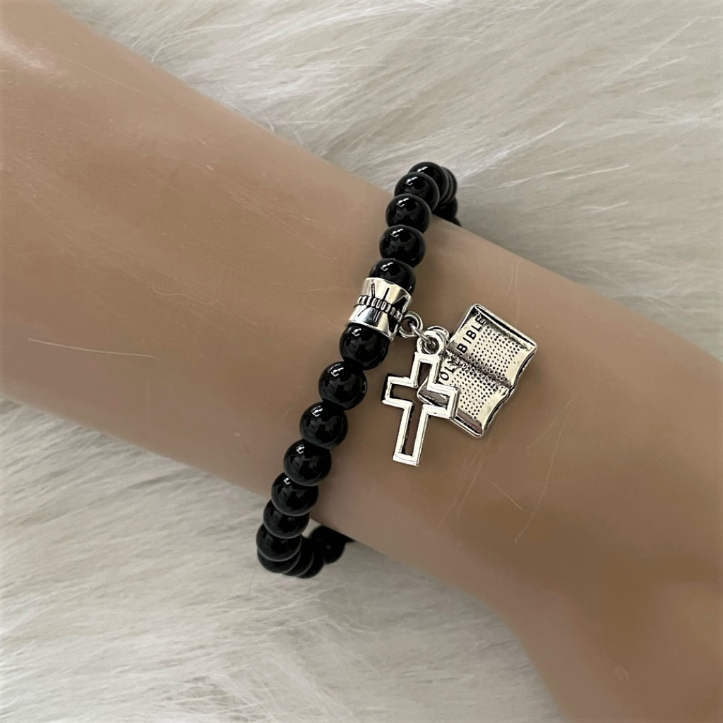 Black Onyx and Silver Cross and Bible Charm Beaded Bracelet