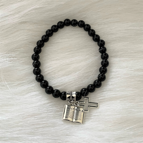 Black Onyx and Silver Cross and Bible Charm Beaded Bracelet