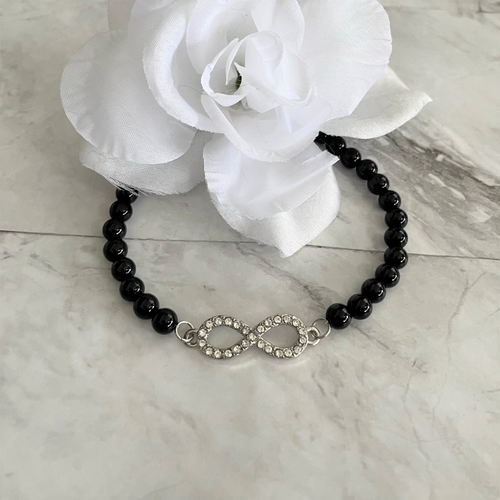 Black Onyx 6mm Beads and Silver Crystal Infinity Bracelet