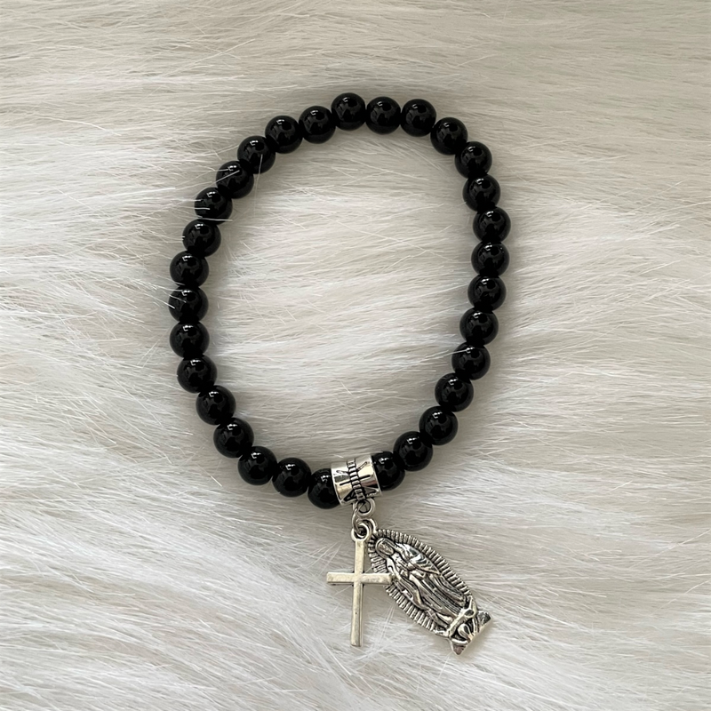 Black Onyx and Silver Saint Mary and Cross Charm Religious Bracelet.