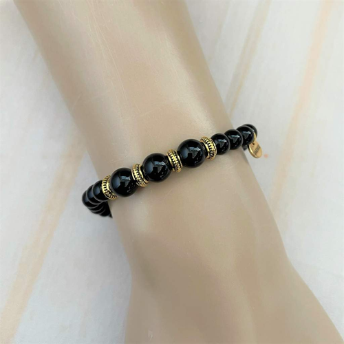 Black Onyx and Gold Beaded Bracelet-Beaded Bracelets,Black,Black Onyx,bracelets,Stacked