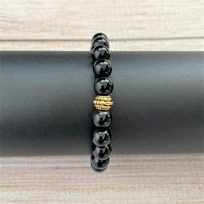 Mens Black Onyx 8mm Beaded Bracelet with Gold Bead-Beaded Bracelets,Black,Black Onyx,bracelets,mens