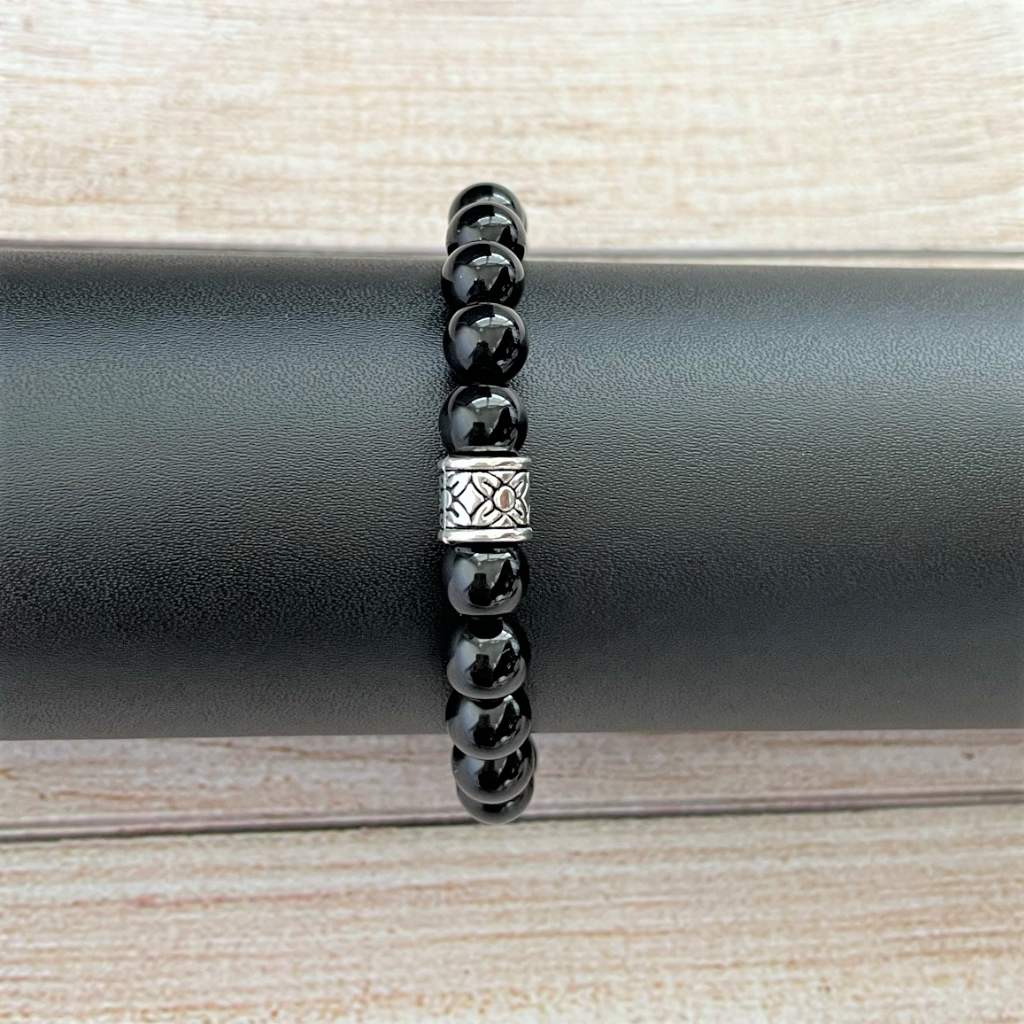 Mens Black Onyx Beaded Bracelet with Silver Center Bead.
