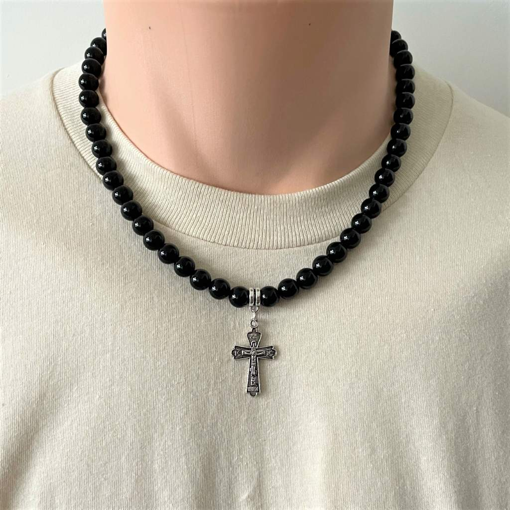 Black Onyx and Silver Cross Mens Beaded Necklace-Beaded Necklaces,Black,Black Onyx,Cross,mens,Necklaces,Religious,Saint,Silver