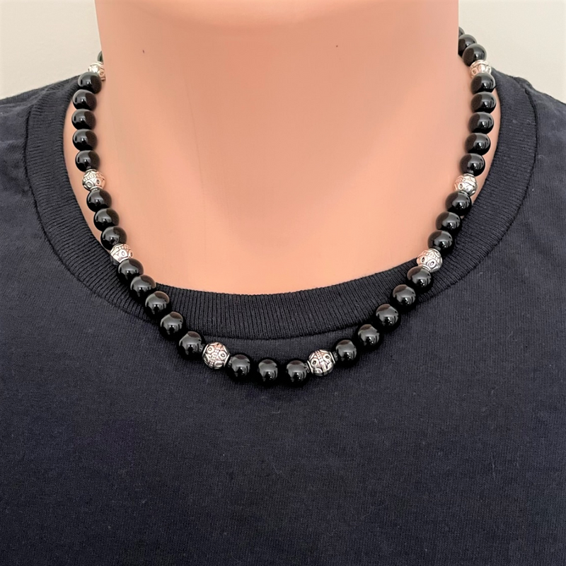 Black Onyx and Silver Barrel Mens Beaded Necklace