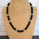Black Onyx and Silver Barrel Mens Beaded Necklace