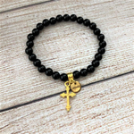 Black Onyx Beaded Bracelets and Gold Cross Bracelets-Beaded Bracelets,Black,Black Onyx,Cross,Gold,Religious,Saint,Stacked
